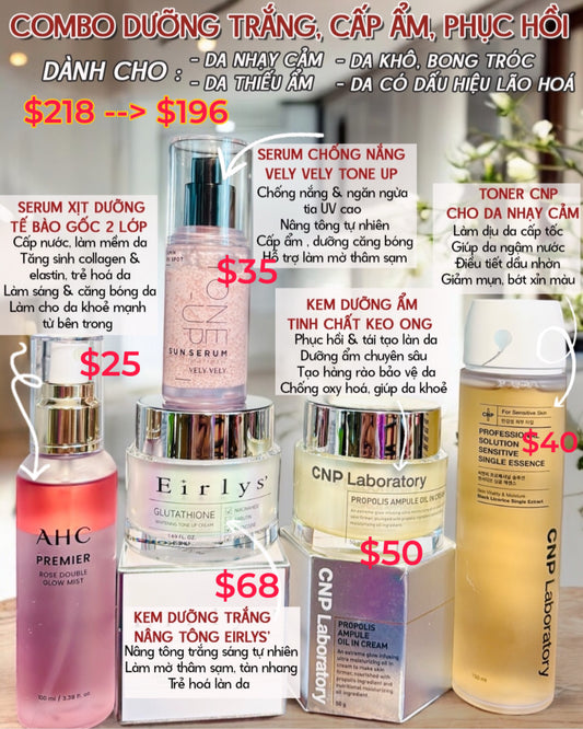 COMBO 03 : DƯỠNG TRẮNG, CẤP ẨM, PHỤC HỒI TOÀN DIỆN CHO DA NHẠY CẢM, DA DẦU